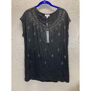 Joseph A Women's Black Studded Embellished‎ Front Round Neck Shirt Size Large